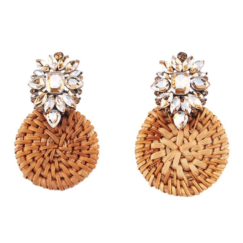 

NEW-Crystal Flower Drop Earrings Women Boho Ethnic Bamboo Statement Earrings Handmade Rattan Knit Jewelry Accessory Wedding #1
