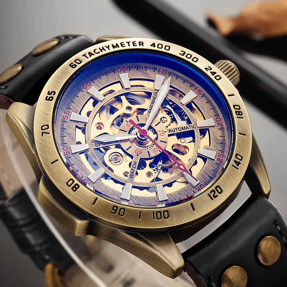 SHENHUA Top Brand Mens Mechanical Watches Retro Bronze Skeleton Steampunk Black Leather Automatic Wristwatch Male Relojes Hombre