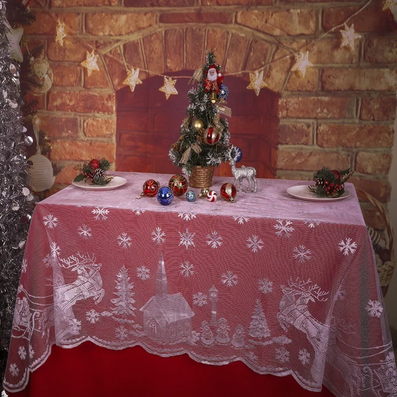 Christmas Wedding Decoration Tablecloth Snowflake Elk Lace Table Cloth Glass Table Cover Polyester Christmas Room Wedding Decor