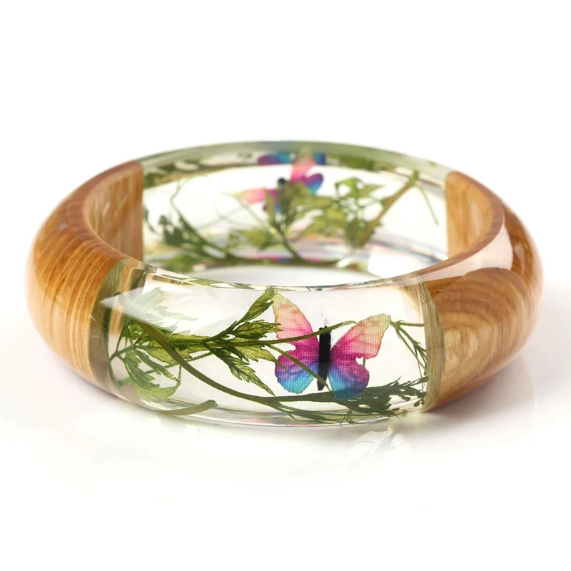 

Wood and Resin Bangles Bracelets for Women Handmade Transparent Butterfly Bangle Fashion Jewelry Bijoux Femme Best Gift TN-0207