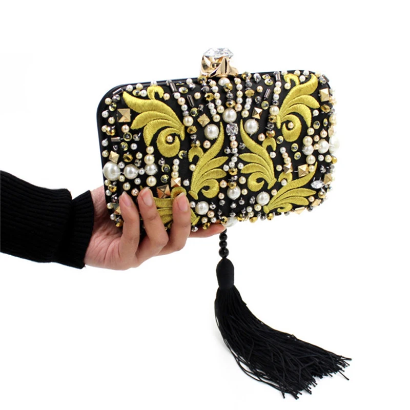 US $26.83 Luxury Pearl Beads Diamonds Gold Embroidery Clutch Bag Black Tassels Crystal Evening Bag Bridal Wedding Handbag With Chain Y636