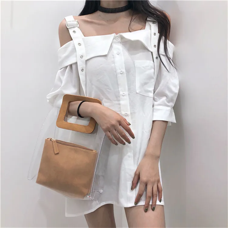 

Sexy Off Shoulder Buckle Suspender Strap Loose Long White Blouse Autumn Shirt Vestidos Streetwear Fashion Vintage Top Blusas OL