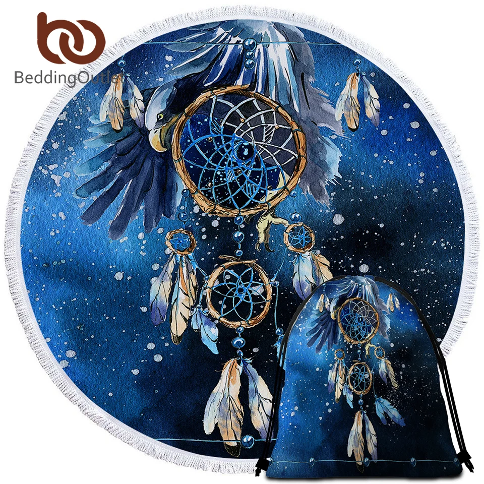 

BeddingOutlet Dreamcatcher Large Round Beach Towel Blue Galaxy Boho Towel Large for Adults Bald Eagle Toalla Tassel Picnic Mat