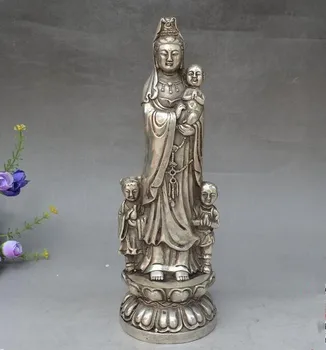 China collection archaize white copper Guanyin bodhisattva hug child statue China collection archaize white copper Guanyin bodhisattva hug child statue