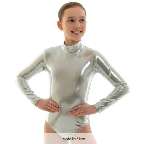 Kids Silver Long Sleeve Turtleneck Gymnastics Leotard Girls Ballet