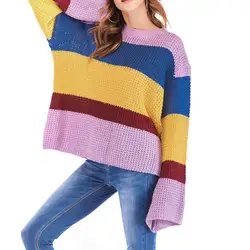 2018 зимняя Радуга свитера пуловеры Повседневный стиль, расклешенный рукав корейский вязаный свитер Для женщин Свободные пуловер в полоску