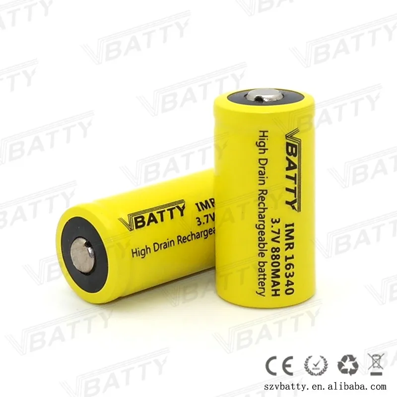 Vbatty IMR 16340 880mah 12A 3,7 V перезаряжаемая литий-ионная батарея высокого стока с верхней кнопкой(1 шт