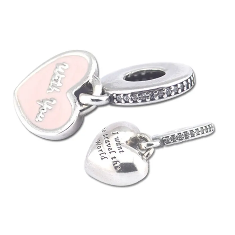 

Travel The World With You Pink Heart Silver Charms for Original Charms Silver 925 Bracelet Fashion DIY Charm for Jewelry Making