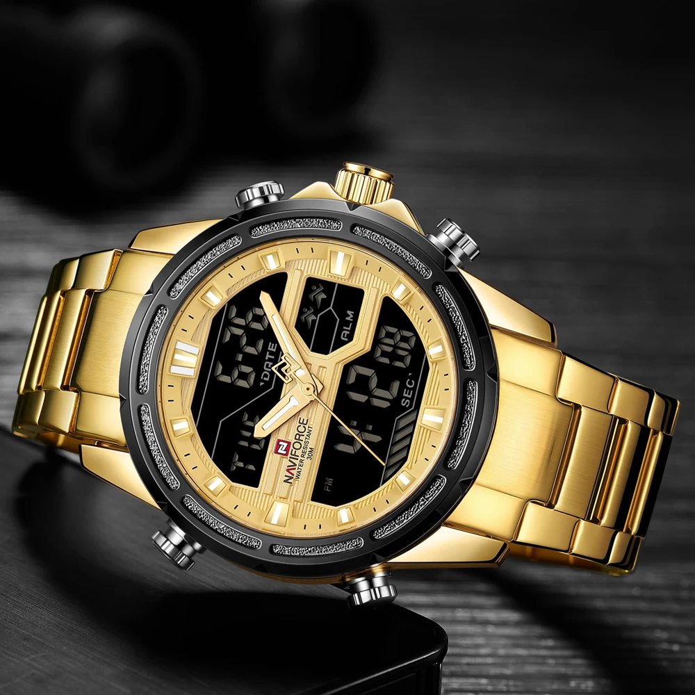 NAVIFORCE Топ люксовый бренд Мужские Цифровые Аналоговые военные золотые стальные часы модные спортивные водонепроницаемые часы Relogio Masculino