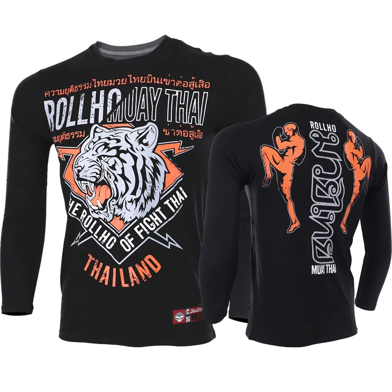 

2018 New Men MMA Fighting Sports Shirt ROLLHO Tiger Printing Men Long Sleeve UFC MMA Training Fitness Sanda Muay Thai Large Size