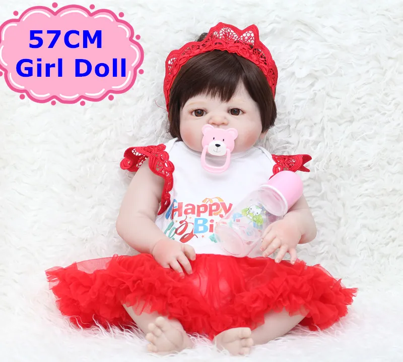 

NPK 57cm Full Silicone Bebe Reborn Doll Toys Lifelike Pretty Baby Girl Doll Wearing Red Yarn Dress Child Birthday Gift Brinqiedo