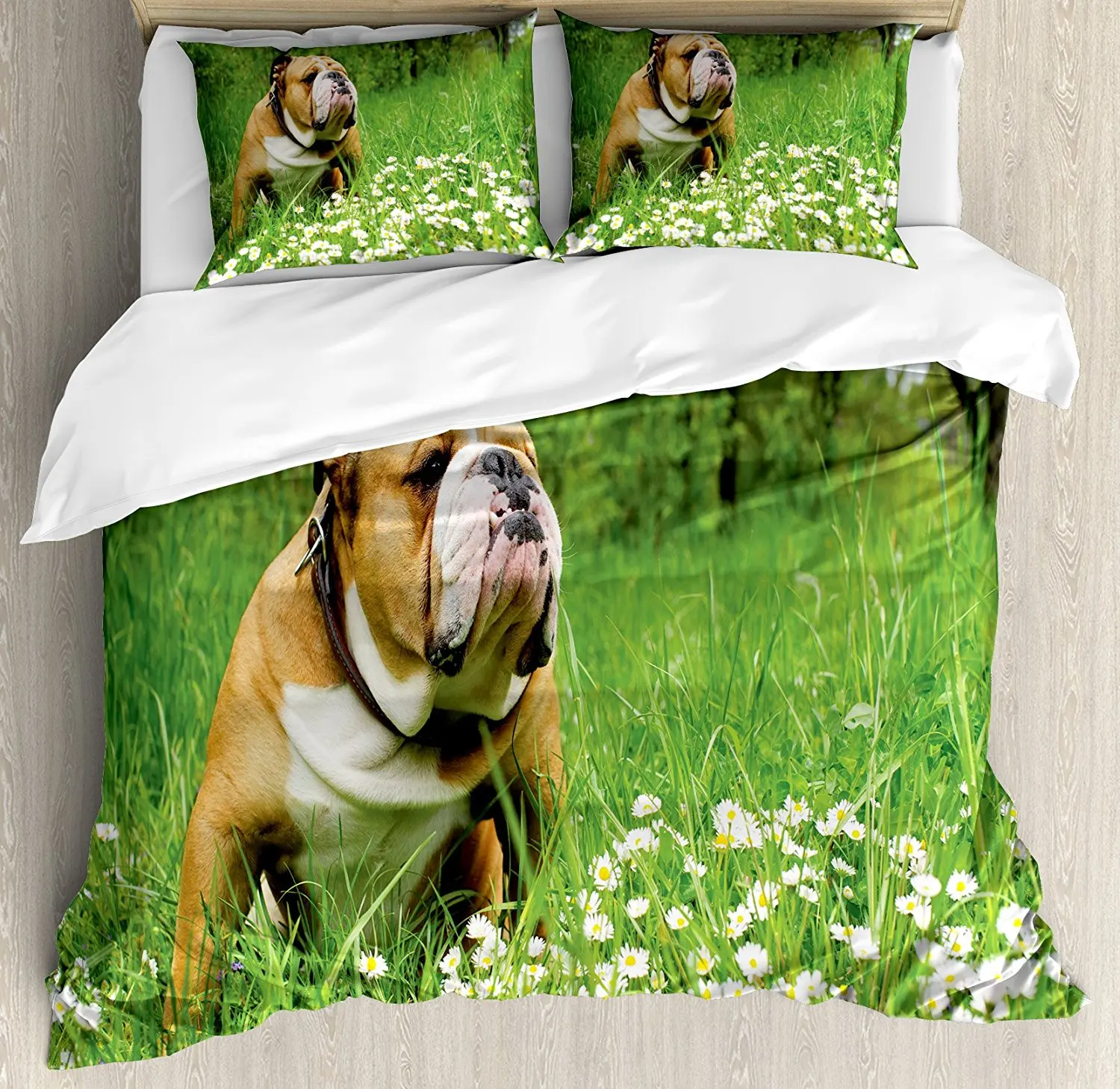English Bulldog Duvet Cover Set Park in Spring with Blooming Daisies