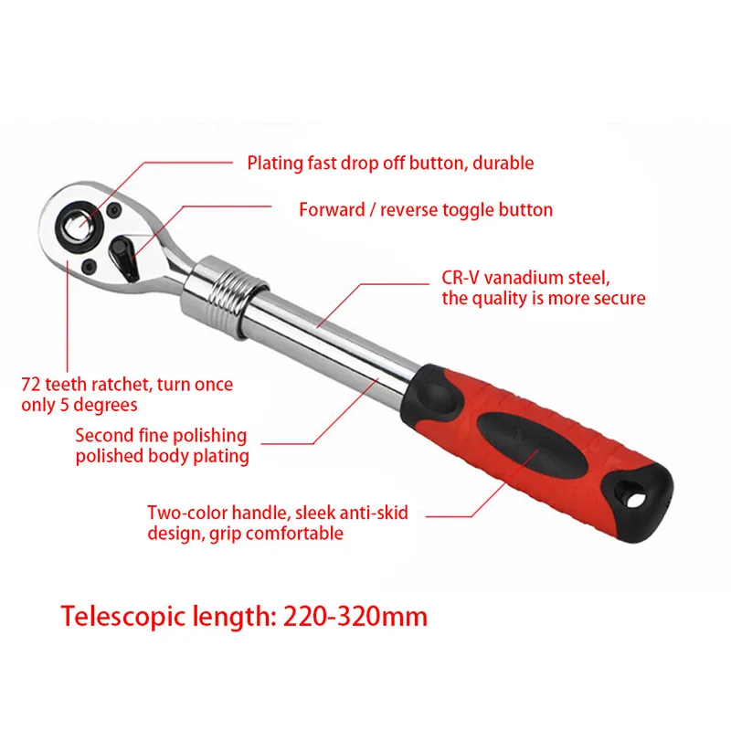 

3/8" Telescopic Shaft Drive Extending Ratchet Handle Heavy Duty Socket Wrench