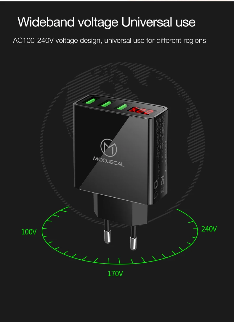 MOOJECAL, светодиодный 3 Порты USB Зарядное устройство Универсальная вилка европейского стандарта стены мобильного телефона Зарядное устройство для iPhone Xs Max X 8 7 для samsung S8 S9 адаптер