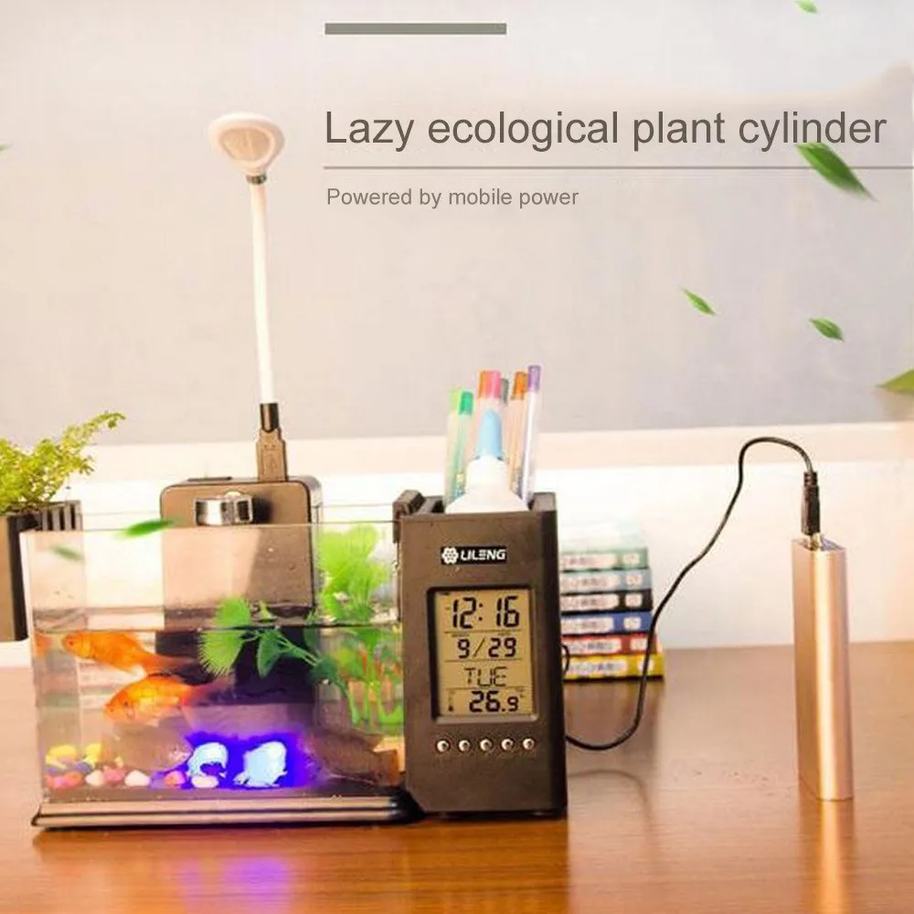 Мини из бусин и жемчужин аквариум светодиодный светильник USB Betta аквариум с держателем ручки ЖК-дисплей экран и часы