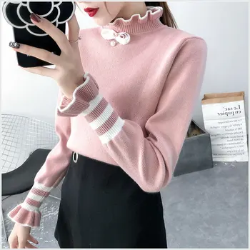 

Women's Elegant Sweater High Elastic Pullover Petal Neckline Petal Cuff Design Cashmere Slim Female Knitted Bottoming Oversized
