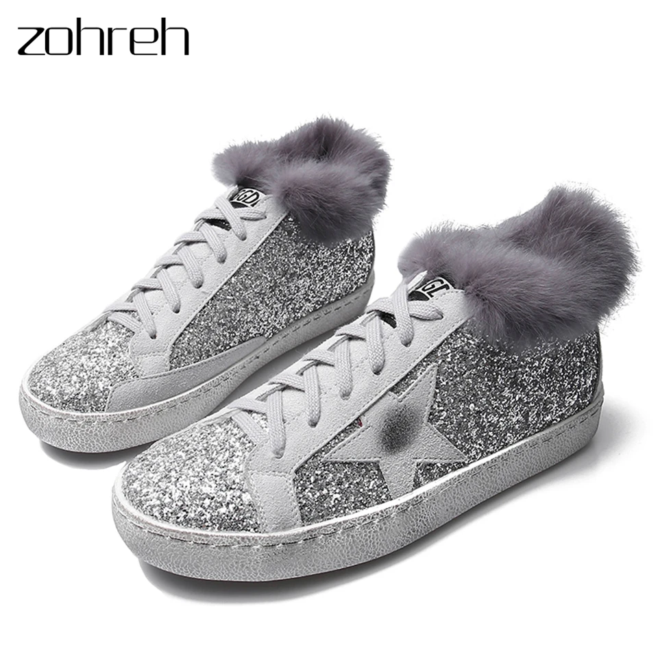 

ZOHREH 2018 Women Casual Shoes High Top Do Old Dirty Shoes Mixed Color Women Sequins Golden Star Fleeces Shoes for Lady