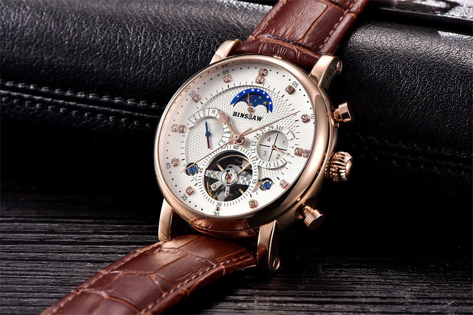 Для мужчин автоматические механические наручные часы Элитный бренд модные спортивные кожа Moon Phase календарь часы недели Relogio Masculino