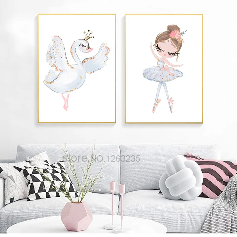 Милый лебедь принцесса настенные картины для гостиной девочка комната Декор балет мультфильм стены Искусство Холст Картина Детская без рамы
