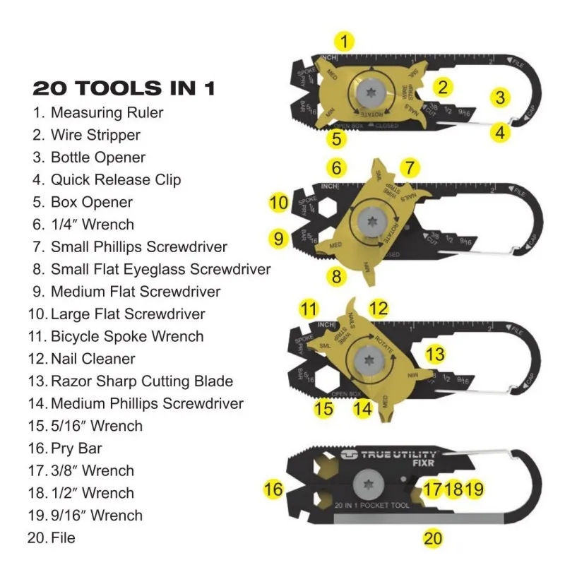 This portable 20 in 1 utility multi  tool keychain provides you all the tools you need for those smaller projects in your car, home or office.   Features a Rotating wheel design, just gently turn the wheel in the middle of golden can easily switch using the tool, you do not always have to use all the tools split out.