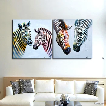 

Modern Oil Painting Pictures Hand Painted Zebra Couples Colorful Line Animal 2 Panel Canvas Art Wall Painting for Living Room