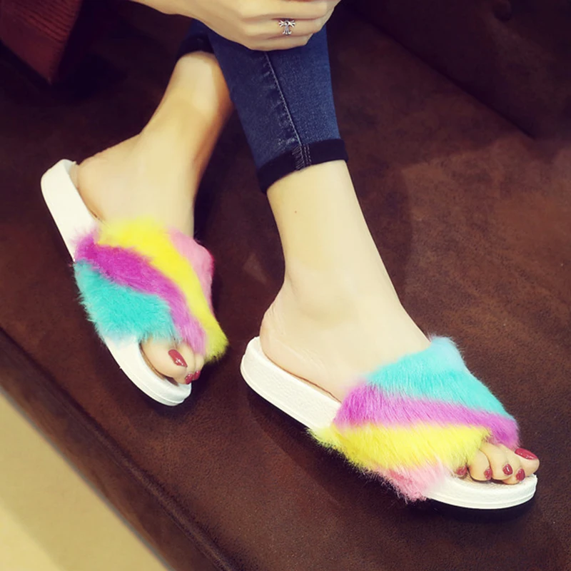

2019 Women Furry Slippers Ladies Plush Fox Hair Fluffy Mixed Colors Slippers Women Fur Slippers Winter Warm Slippers for Women