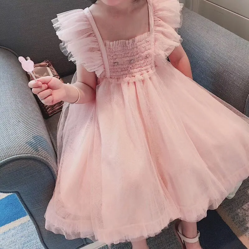 

baby dress solid pink colour with embroidery wings princess party baby dress boutique kids clothes