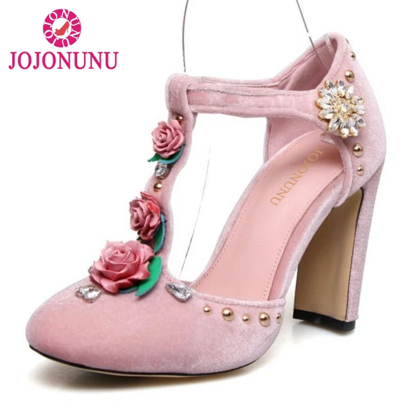 

JOJONUNU Size 34-43 Vintage Women Real Genuine Leather High Heel Sandals Flower T Strap Spike Heel Sandals Summer Party Shoes