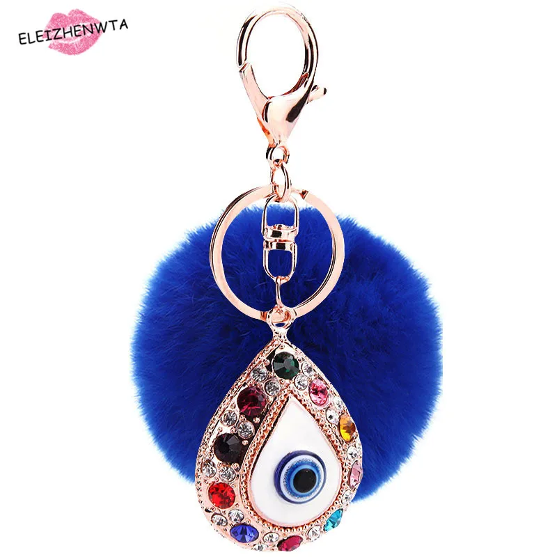 

Turkey Blue Evil Eye Pendant Fur Pompom Keychain llavero Pom pom Rhinestone Bag Charm Car Ball Key Chain Sleutelhanger Chaveiro