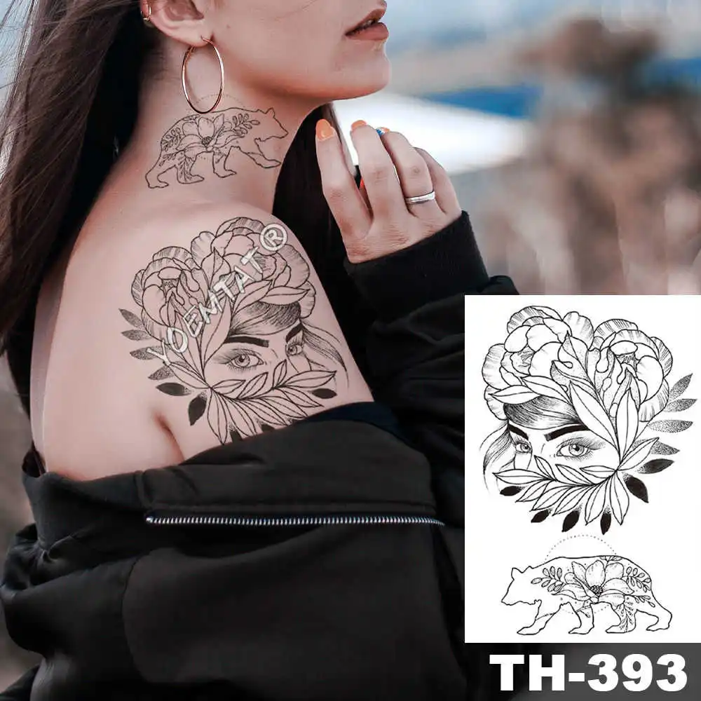 Геометрические цветы розы глаз листья водонепроницаемый временная татуировка наклейка Алмазный пион черные татуировки боди-арт рука поддельные татуировки - Цвет: 01-TH-393