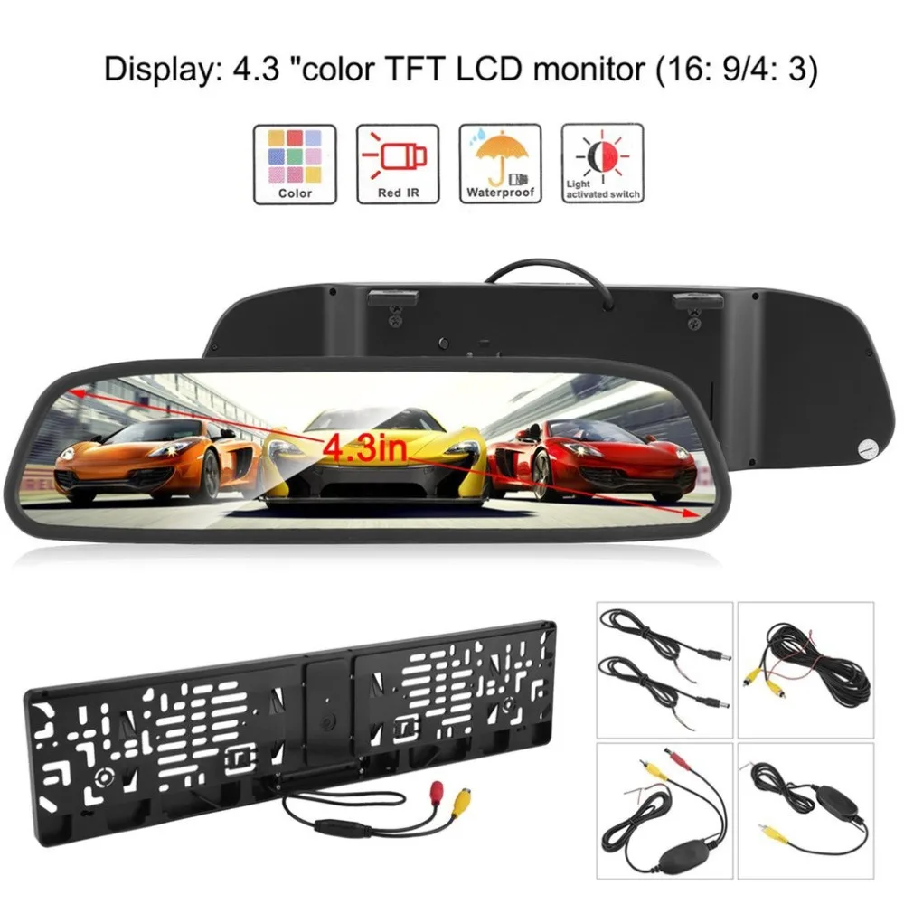 

Universal Night Vision Wireless 4.3 Inch HD Digital LCD TFT Display Screen Monitor + EU License Plate Rear View Camera
