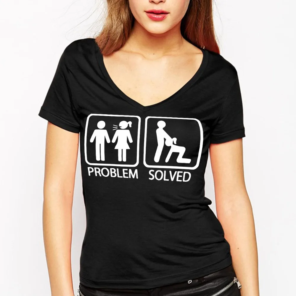 Problem Solved T Shirts Women Cotton V Neck Short Sleeve -2530