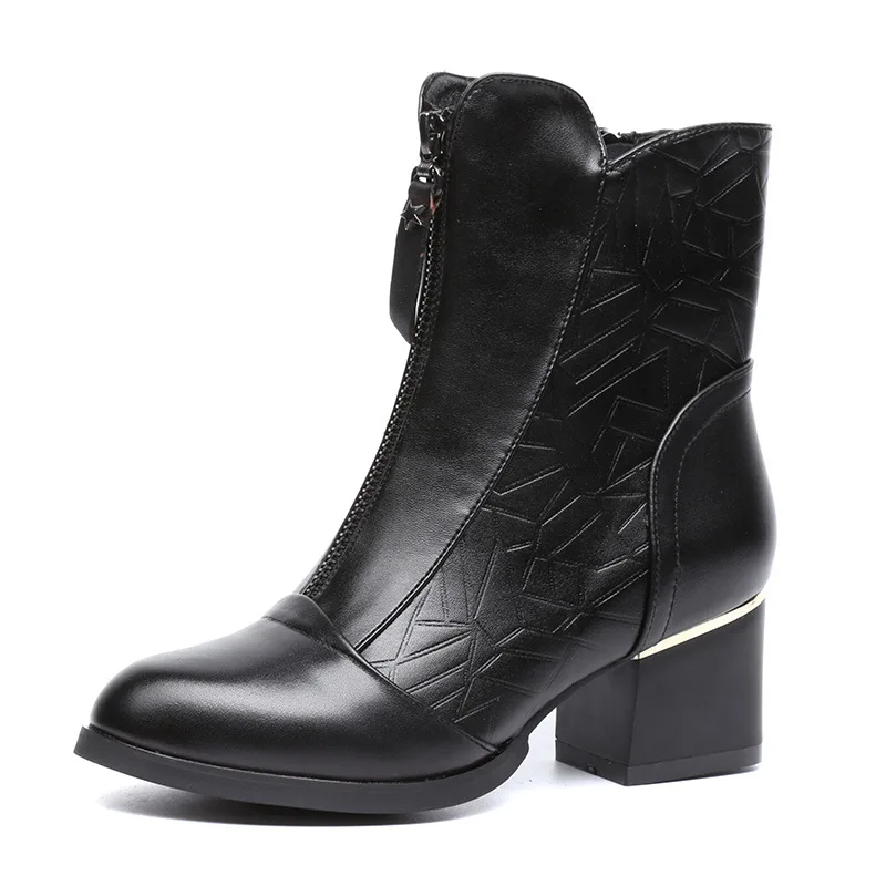 Najtaniej 2019 New Vintage połowy łydki kobiet buty kwadratowe grube szpilki Pointed Toe Martin buty oryginalne skórzane buty zimowe dla kobiet