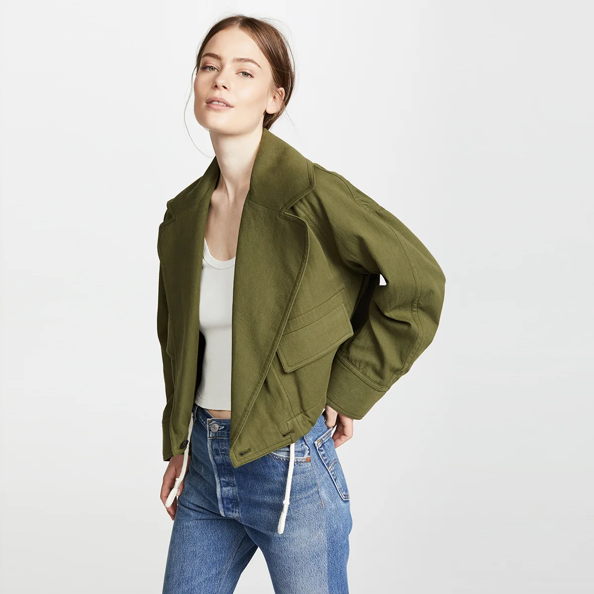 

Retro Dark Green Bungee with A Large Waist and A Short Lapel Jacket 2019 Fashion Woman Jacket Coat