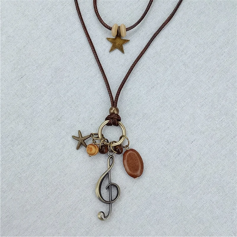Двойное винтажное длинное ожерелье с подвеской, деревянная подвеска со звездами и музыкальным символом, аксессуары для свитера ручной работы, женское Ювелирное колье