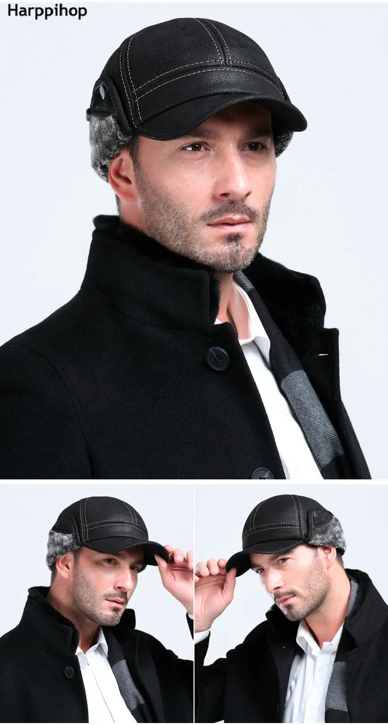 New New Fashion Men's Scrub Genuine Leather baseball Winter Warm baseball Hat / Cap 2colors bomber trapper hat