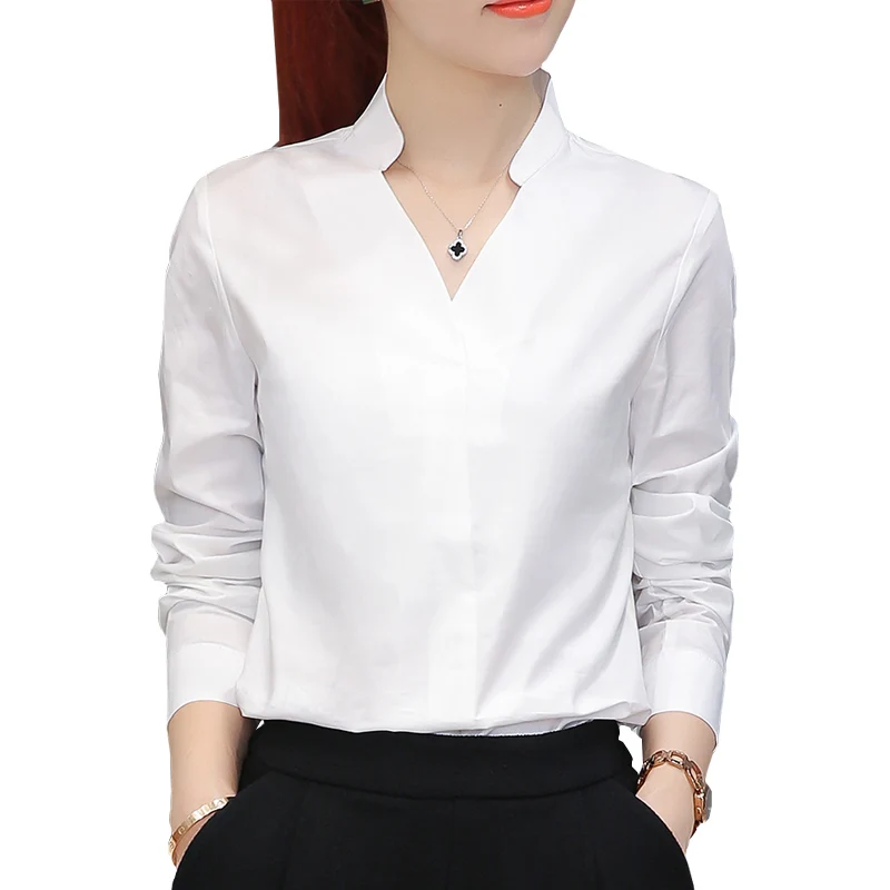Elegant Lady White Cotton Shirts Size S-2XL Back Botton Decor Long Sleeve Women V-Neck Office Blouses
