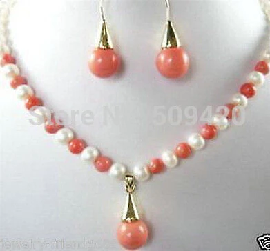 

hot sellJEWELRY 7-8MM PINK CORAL WITH WHITE PEARL EARRING NECKLACE SETS