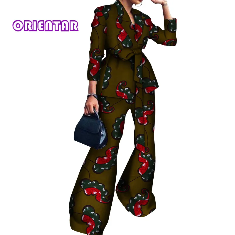 Комплект из 2 предметов, африканская одежда, женские топы с длинными рукавами и брюки, Bazin Riche, традиционный Африканский узор, хлопковые широкие брюки WY3908 - Цвет: 12