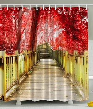 

Abstract Shower Curtain, Woodsy Fall Bridge Foliage Tree Leaves Mystic Forest Wooden Bridge Romantic Nature Picture Art Prints