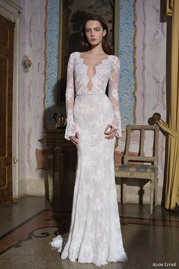 2015 Galia Lahav Wedding Dresses Mermaid Deep V neck Long Sleeves ...