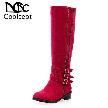 

Coolcept Size 33-43 Women High Heel Knee Boots Metal Buckle Zipper Fashion Long Boots Warm Shoes For Cold Winter Woman Footwear