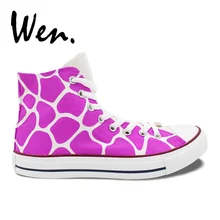 Вэнь Дизайн Пользовательские Ручная роспись обувь Жираф узор розового и фиолетового цветов с высоким берцем Для женщин Холст кроссовки подарки для девочек