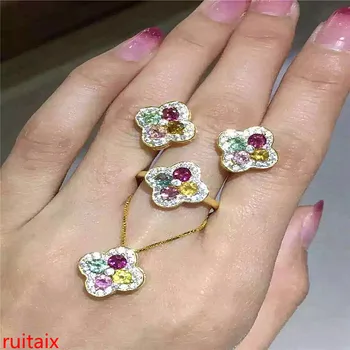 

KJJEAXCMY boutique jewels S925 sterling silver inlaid natural tourmaline four-leaf clover set jewellery gold silver 3 pieces.