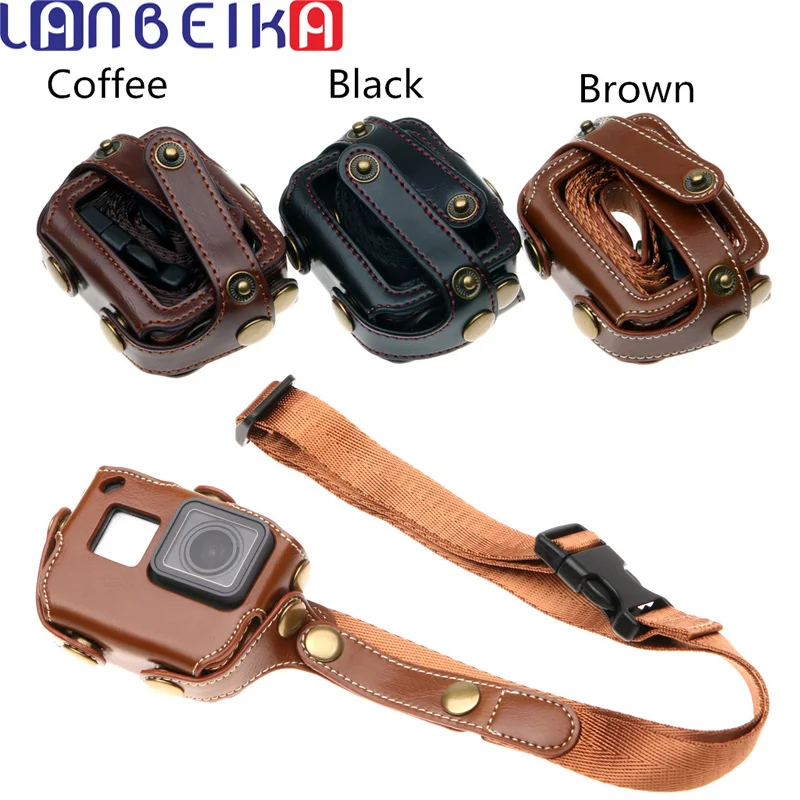 LANBEIKA PU Protective Holster Camera Case Bag With Shoulder Strap Neck Lanyard Sling For Gopro