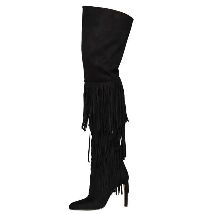 

New Black Tassel Women Long Boots Fashion Pointed Toe High Heel Boots Gladiator Fringe Over The Knee Thigh High Boots Free Ship