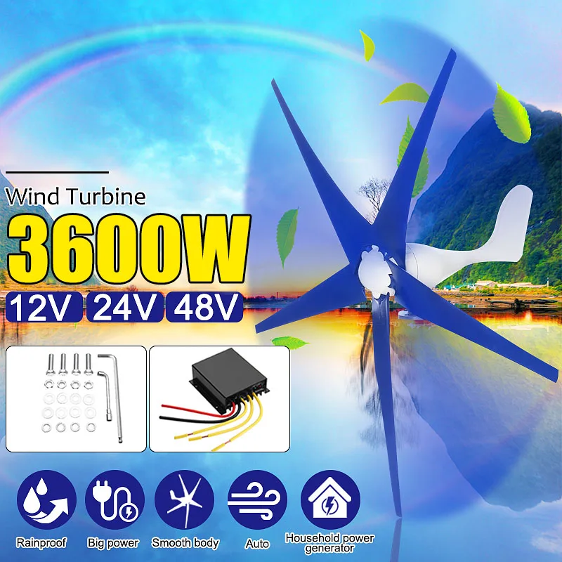 

3600W 3/5 Nylon Blades Fiber Wind Turbines Generator Fit 12V/24V 48V with Wind Controller Gift for Home lights Or Boat