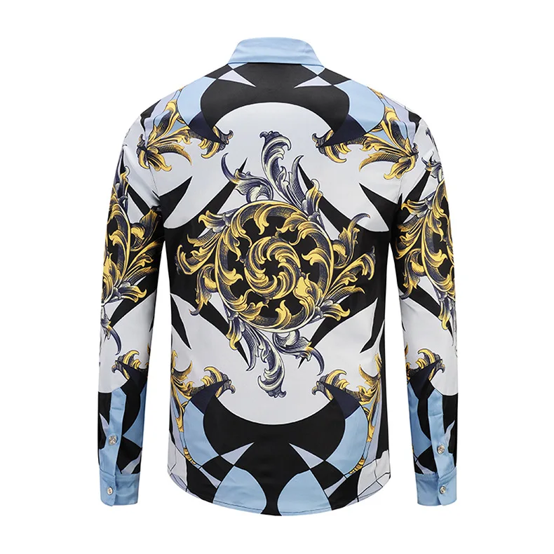 TANG одежда для мужчин Chemise Homme Повседневная рубашка Новое поступление мужские рубашки модные 3d Золотые цветочные принты с длинным рукавом на пуговицах