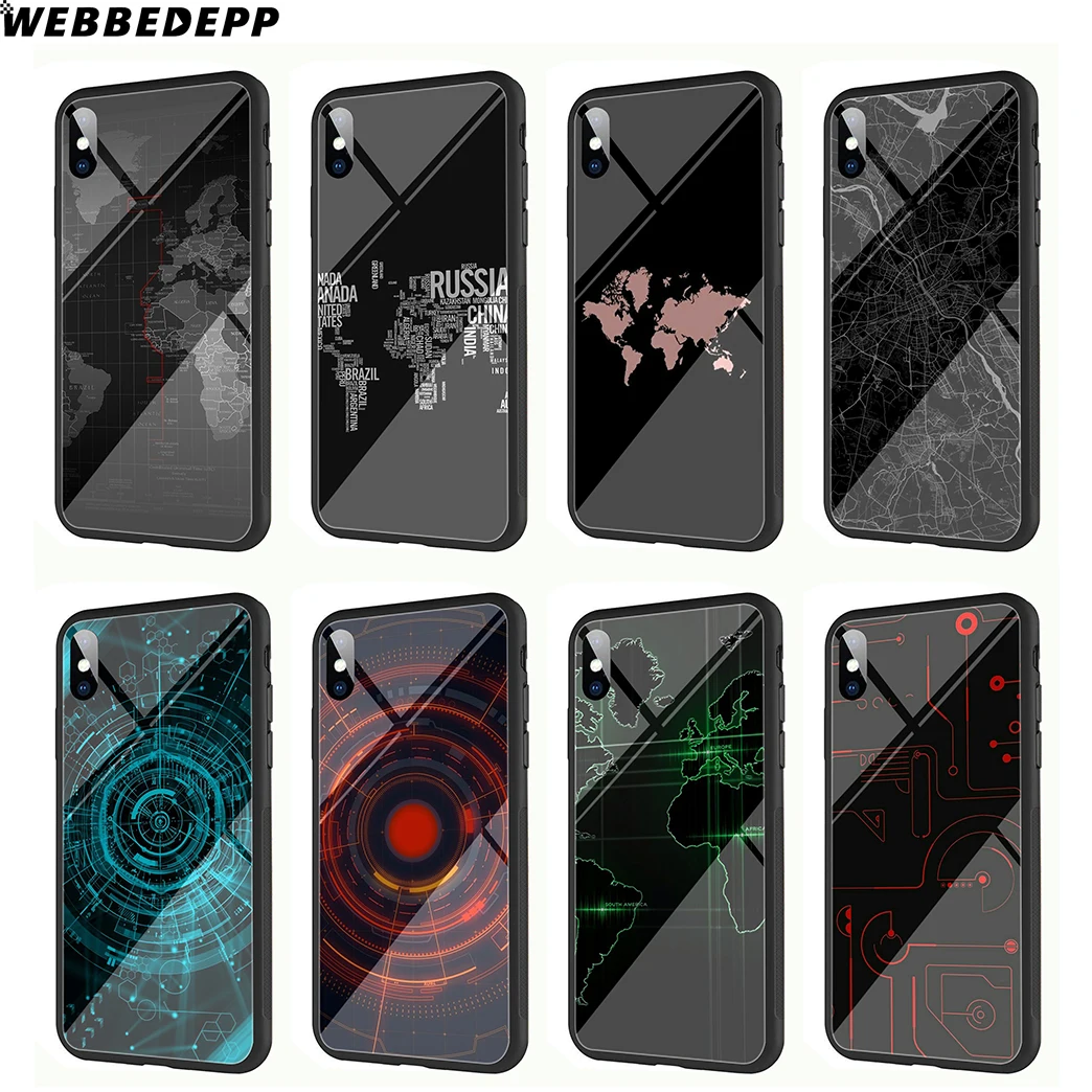 WEBBEDEPP World Map Art Cool Tempered Glass Phone Case for Apple iPhone Xr Xs Max X or 10 8 7 6 6S Plus 5 5S SE |