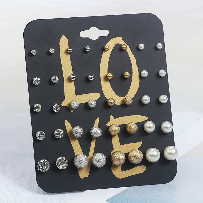 

20 Pairs/set Classic Women's Round Ball Metal Pearl Earrings For Women Girl Gifts Crystal Stud Earring Sets Mix Jewelry